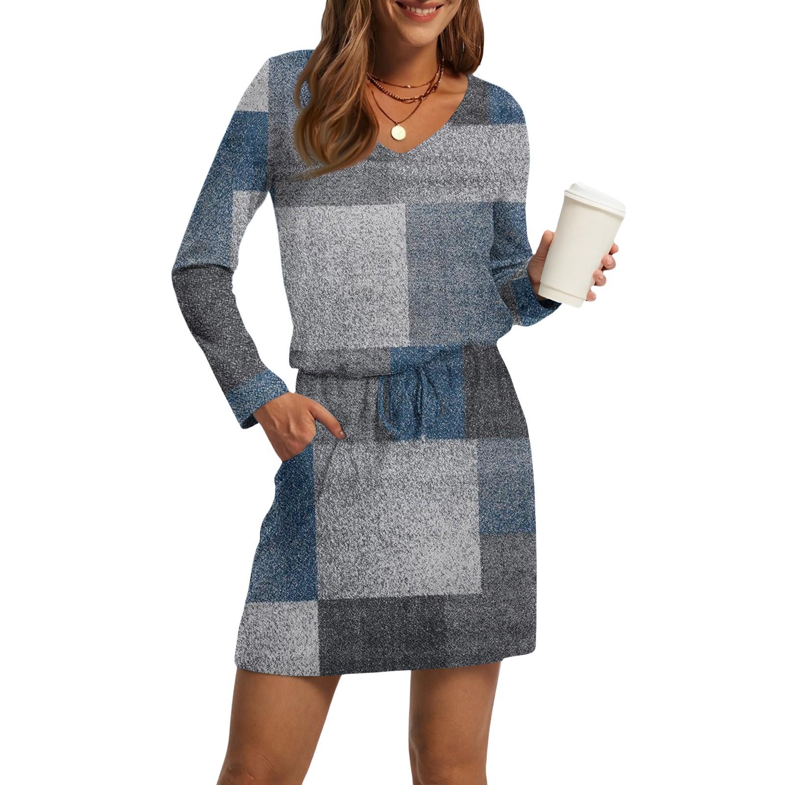 

Женские модные платья с V-образным вырезом, длинным рукавом, кулиской, карманом и принтом в полоску M синий