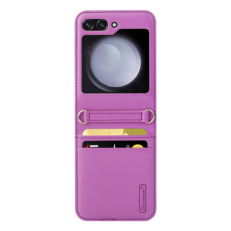 

HANMAN For Samsung Galaxy Z Flip5 5G Card Holder Phone Case Litchi Texture Leather Coated PC Phone Cover Purple