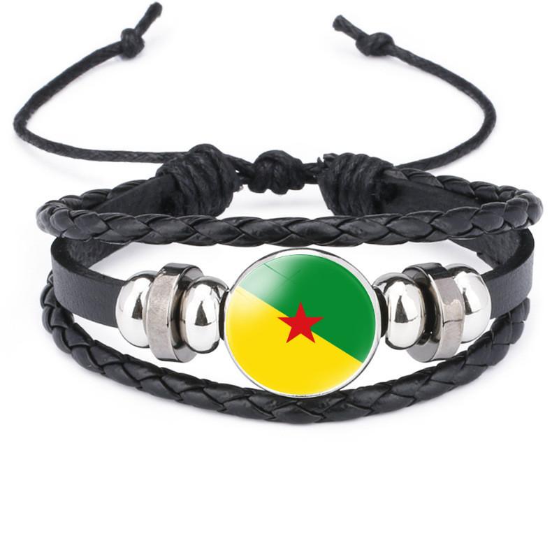Unique South American Flag Time Gem Black Leather Multilayer Braided Bracelet