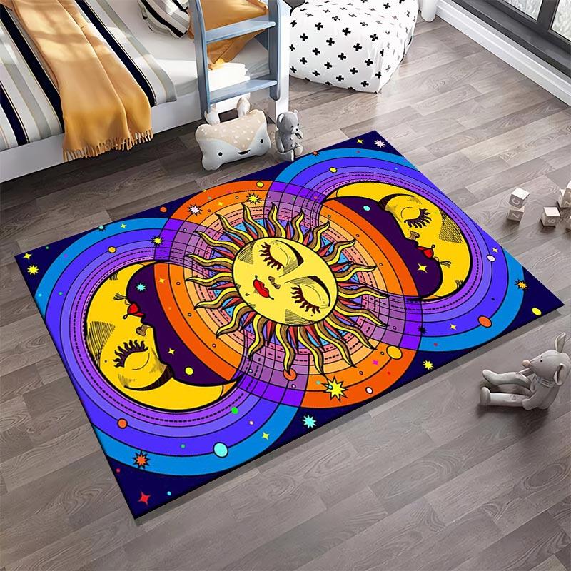 Colorful Sun and Moon Pattern Carpet with Psychedelic Boho Design Suitable for Use As an Anti-slip for Living Room Bedroom Sofas
