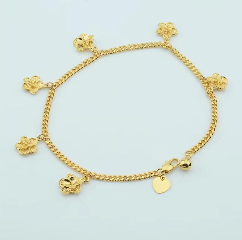 Women Yellow Gold Link Ball Heart Anklet Chain Jewelry
