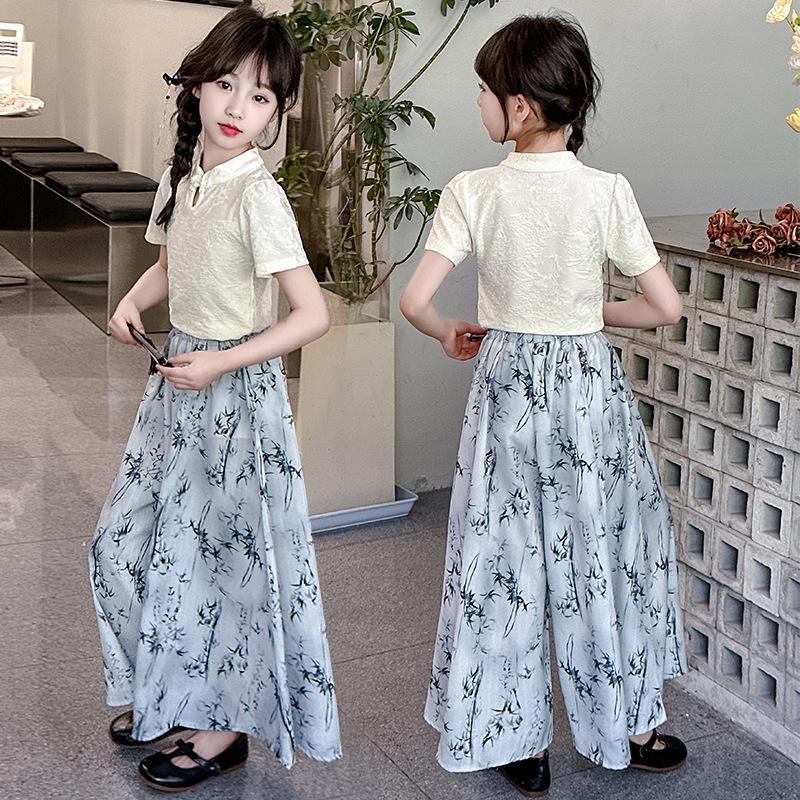 

Summer 2025 Trendy Hanfu Set: Girls Chinese-Style Short Sleeve Two-Piece Dress 120 cm