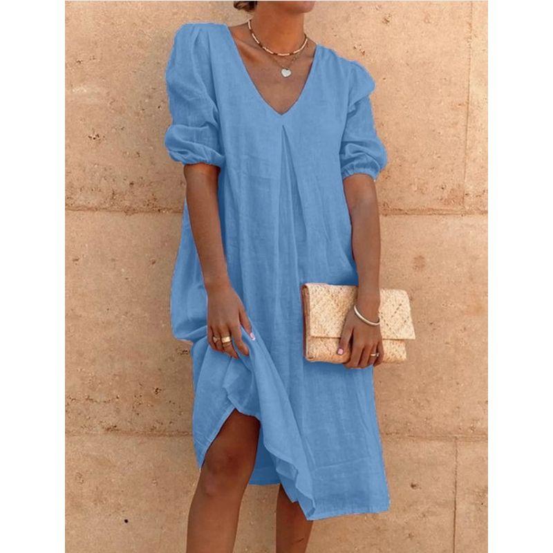 Solid Color V-neck Short Sleeve Dress Women Solid Color and V-neck Short Sleeve Dress