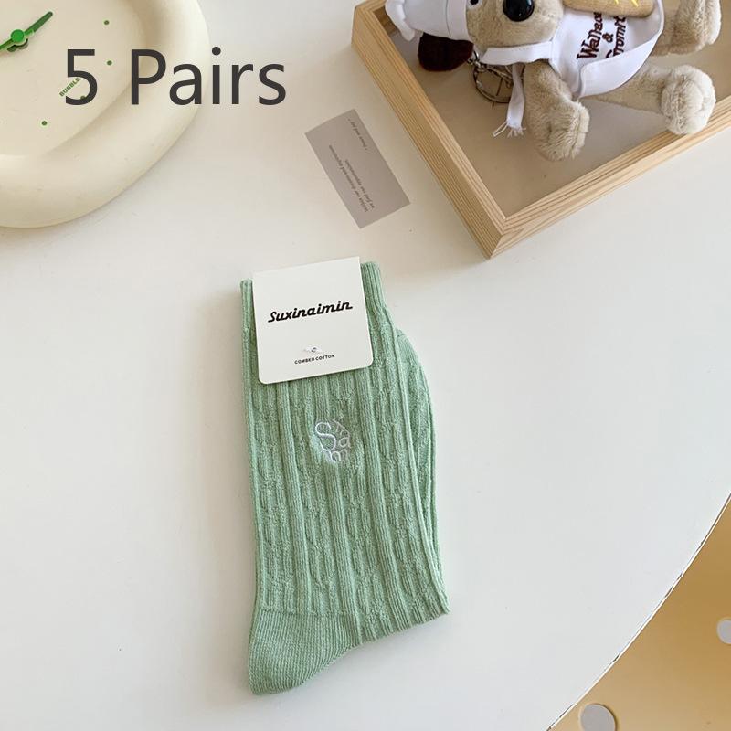 5 Pairs of Small Fresh Female Twist Letter Embroidery In The Tube Stack Socks