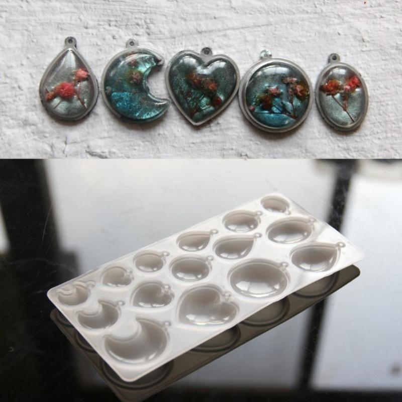 Heart Oval Moon Round Resin Pendant Silicone Molds with 15 Cavities For Handmade Resin Pendant Jewelry Crafting