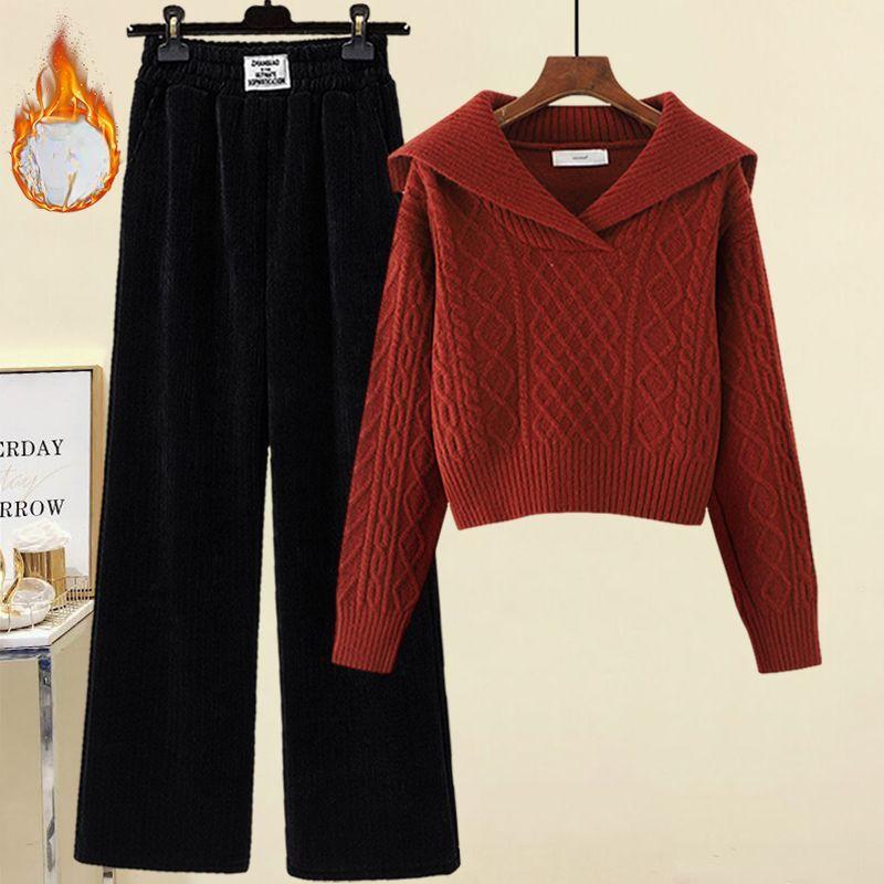 Women's Winter Sweater Suit - Velvet-Added Casual Wide-Leg Pants Two-Piece Set