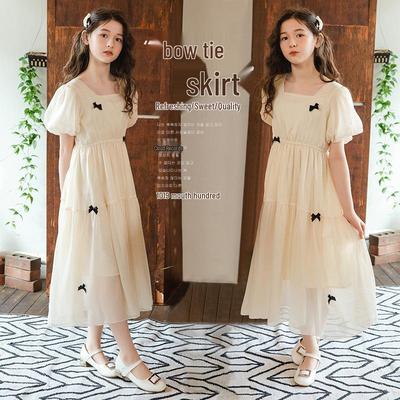 Zomerjurk van chiffon voor meisjes, korte pofmouwen, lange Koreaanse prinsessenstijl 2023.