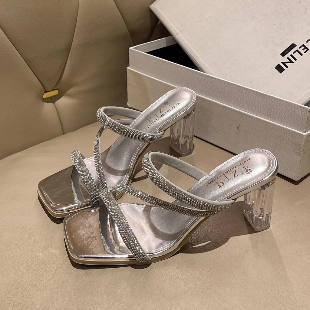 Neue französische Damen-Sandalen mit dickem Absatz und Glaspantoffel, Feen-Temperament, Strass-umwickelte Slipper, luxuriöse Pumpschuhe