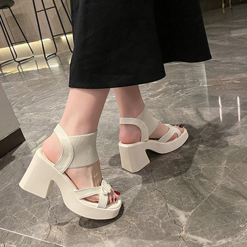 Populares Sandalias de Mujer Verano Tejido de Malla Punta Cuadrada Tacón Alto Grueso Zapatos de Mujer Casual Plataforma Romanas Sólidas Sandalias de Mujer