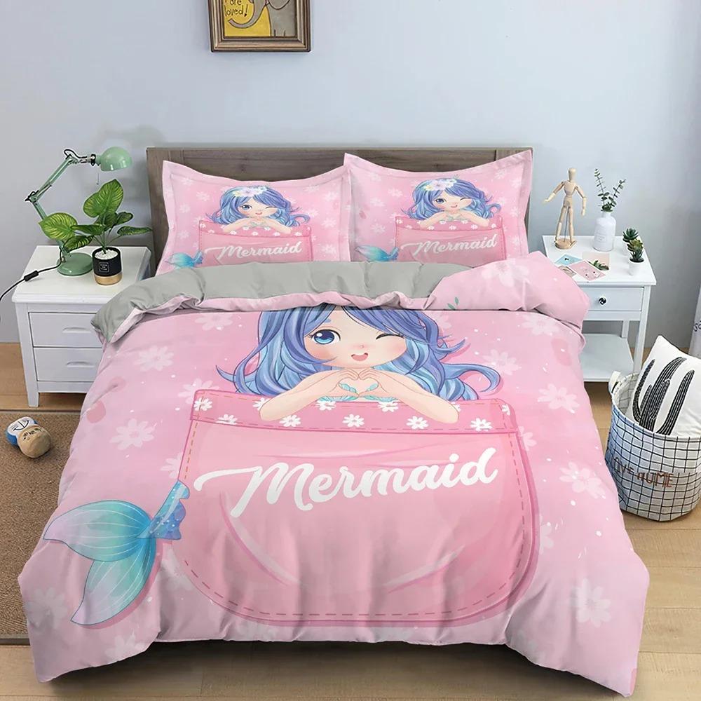 Mermaid Bedding Set For Girls Cute Cartoon Duvet Cover Comforter Covers Children Bedroom Double Queen Size Home Textile
