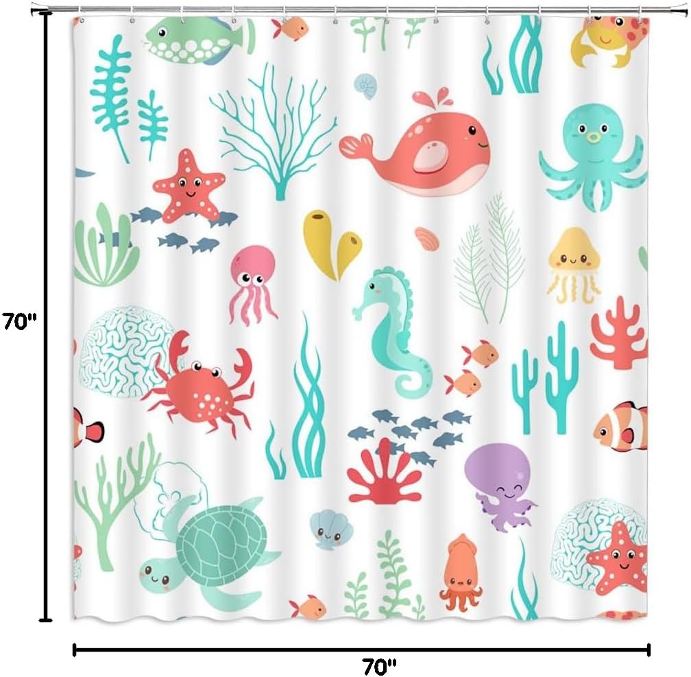 Cartoon Sea Animal Shower Curtain Nautical Ocean Underwater Coastal Beach Sea Marine Animal Dolphin Octopus Seaweed Boys