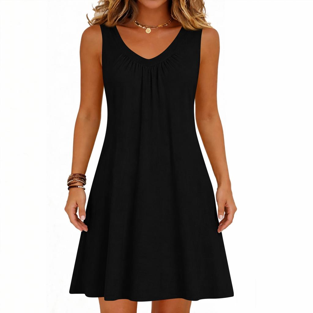Women's Fashion Color Summer Sleeveless V-neck Vest Pocket Casual Loose Dress