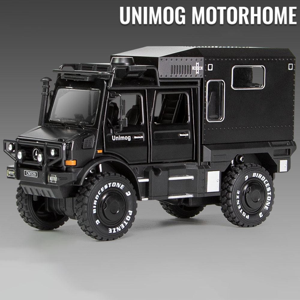 1:28 Scale X-Class 6x6 UNIMOG Motorhome Camping Car Model Toy Shock Absorption Sound Light Pull Back Off-road Vehicles Boys Gift