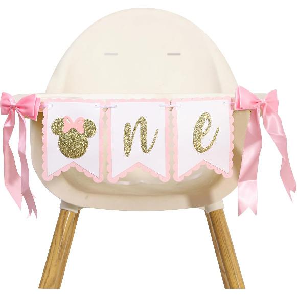 Mouse One High Chair Banner - Mouse First/1st Birthday Decorations,Pink And Gold Banner, Bow Girl 1st Pink Decor (mouse-1)