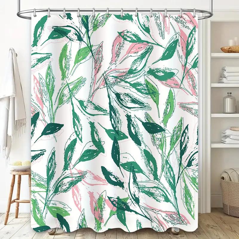 Colorful Leaves Shower Curtain Modern Bathroom Decor for Home Decoration Green Pink White Water-resistant Fabric Easy Installati