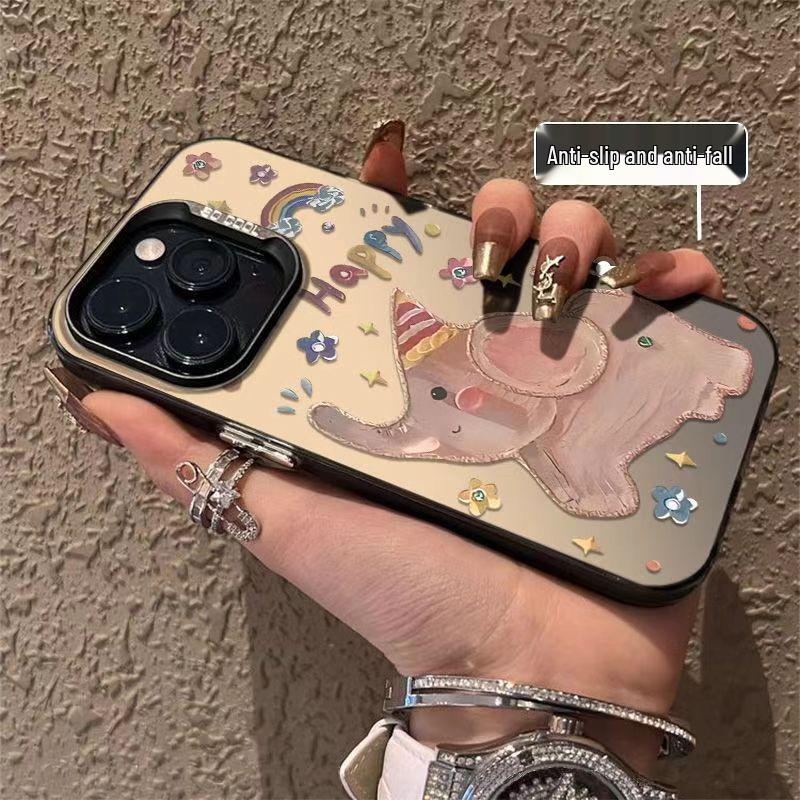 iPhone 16/14 ProMax, 12, 13, 11, 15 Case: Oil Painting Little Elephant Design, Silver