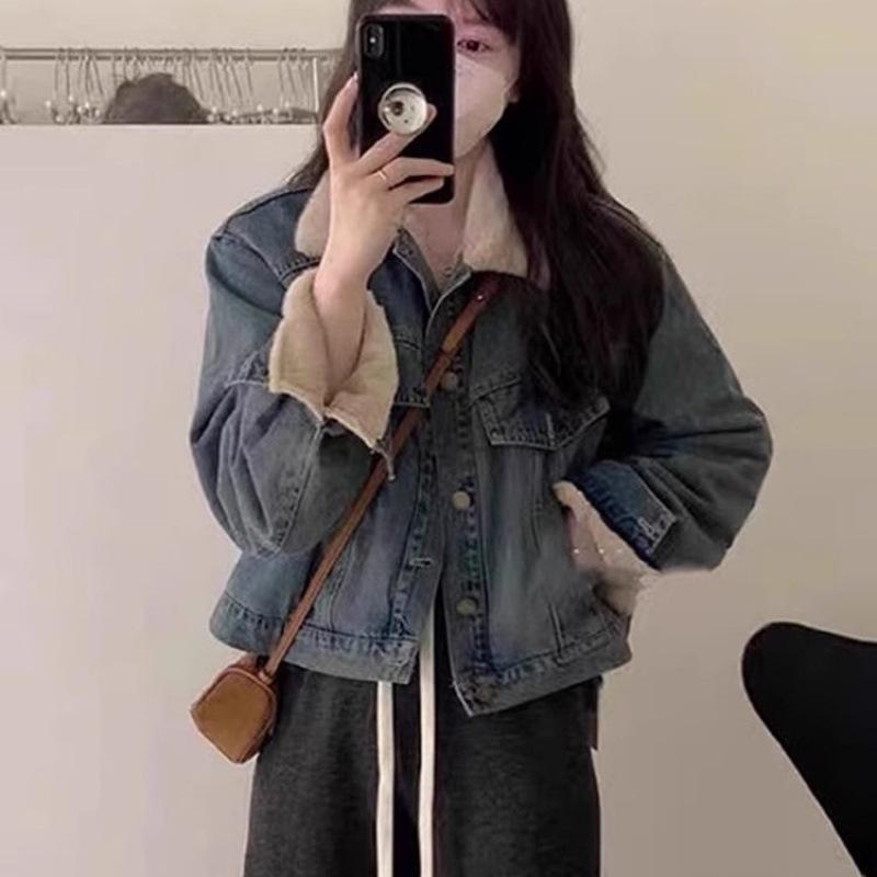 New Style Super Nice Little Fragrant Style Plus Velvet Thickening Retro Blue Denim Jacket for Women Autumn and Winter