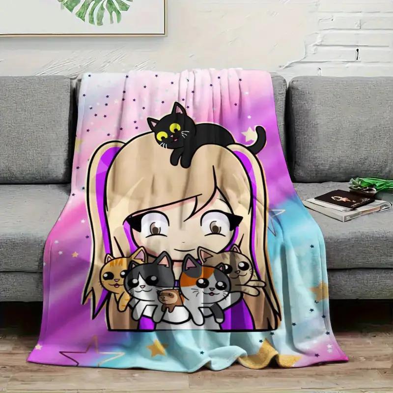 1pc Kawaii Anime Girl with Cats Flannel Throw Blanket, 2D Pastel Star Print, All Season Warm Blanket for Kids Bedroom, Living Ro