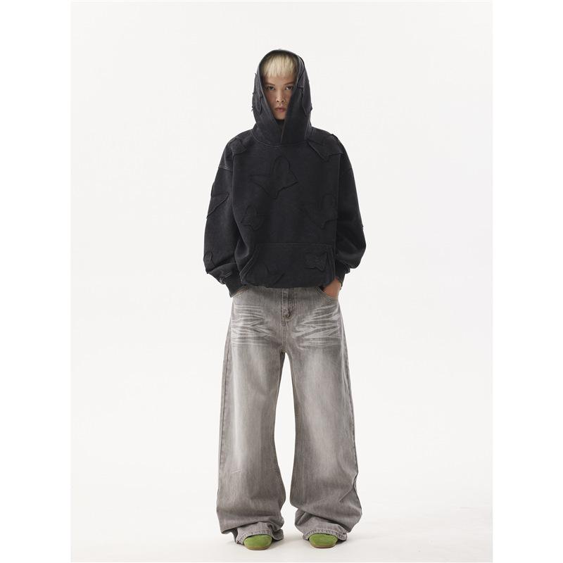 Smoke Gray American Washed Corrugated Wide-leg Jeans Men's and Women's Old Loose Drape Bf Straight Mopping Pants Slightly Pulled