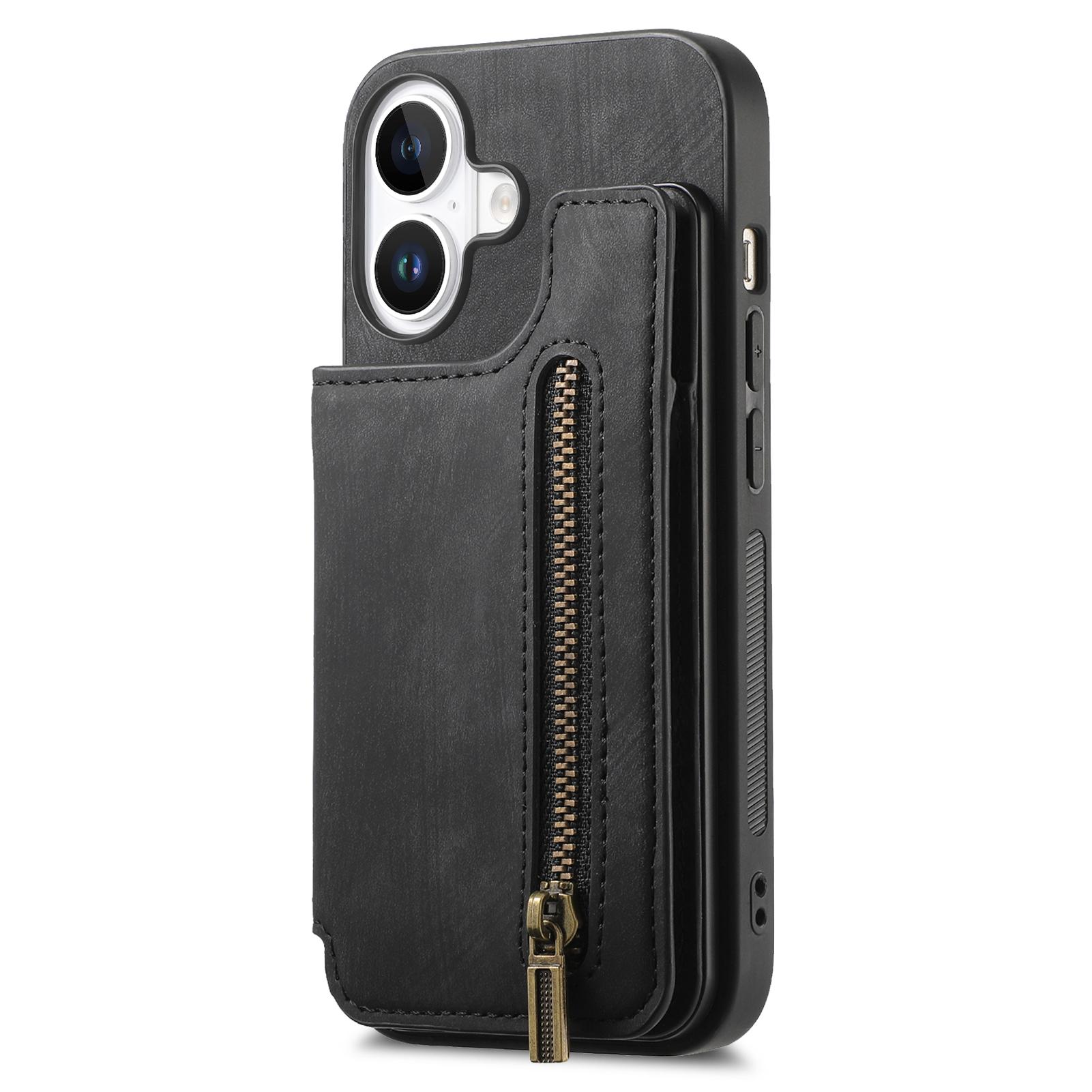 

For iPhone 16 Case with Zipper Card Holder Leather+TPU Phone Cover Black