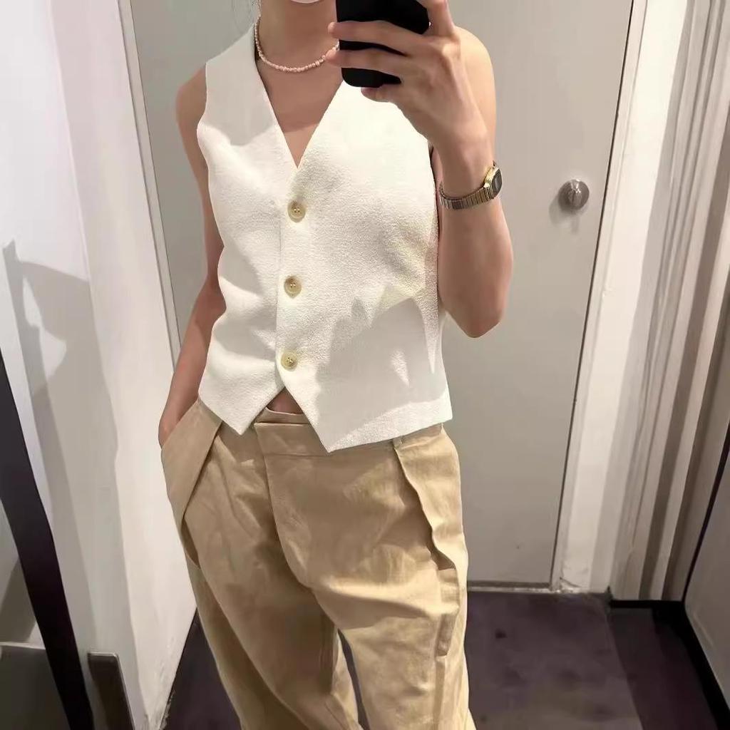 Vestă tricotată fără mâneci cu gât în V pentru femei, primăvara 2025: Îmbrăcăminte exterioară casual cu mânecă scurtă