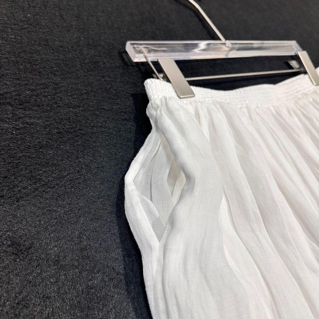 Women's White Ramie Embroidered Midi Skirt with Elastic High Waist and Wide Hem - Spring 2026 Collection