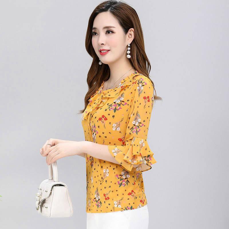 New Half Sleeve Blouse for Women's Clothing Floral Chiffon Shirt Bow Ruffled Pullovers Top S-5XL