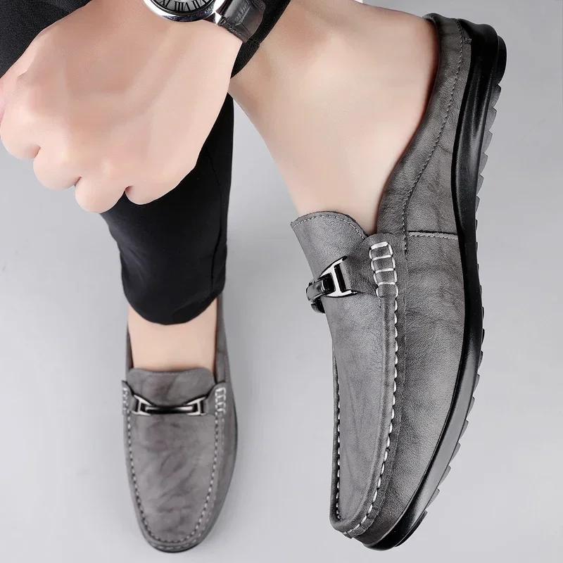 Fashion Luxury Men Genuine Leather Shoes Casual Business Men Slip-on Shoe All-Match Half Slippers Loafers Summer Handmade Flats Slippers