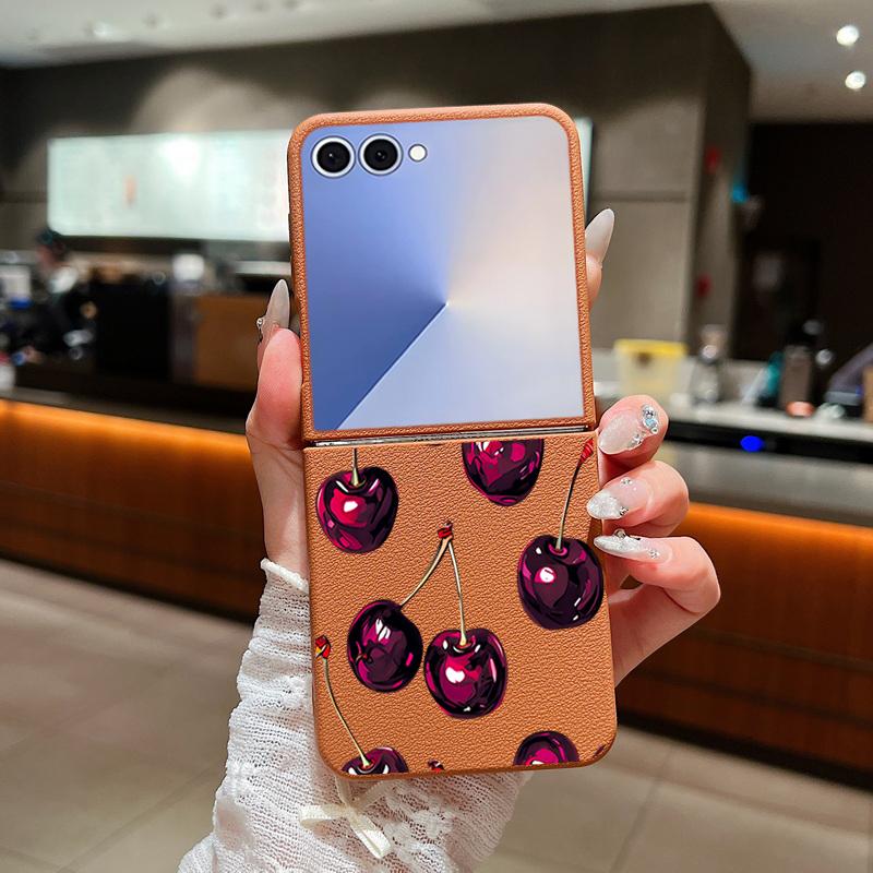 Z Flip 7 Case Retro Oil Painting Style Cherry Pattern Leather Texture Folding Fhone Cover For Samsung Galaxy Z Flip 7 6 5 4 Flip7 Flip6 Flip5