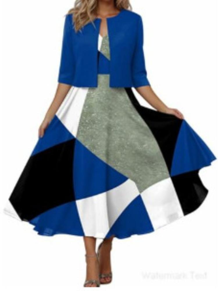 

Women s Color Block Patchwork Maxi Dress with Olive Green Short Jacket XXL