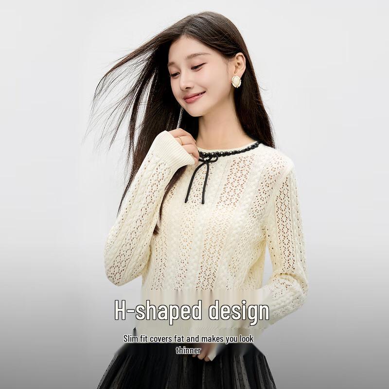 

Qiusi Yiren Beaded Bowknot Hollow Knit Top M