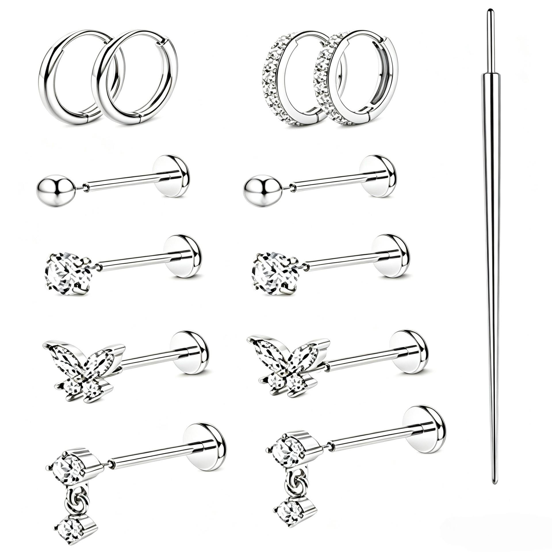 High Quality Stainless Steel Earring Set Butterfly Pendant Earring Simple Plain Ring Ear Buckle Puncture Jewelry Trendy Unisex 08