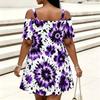 Women Plus Size Cold Shoulder Chain Strap Printed Short Sleeve Loose Mini Dress