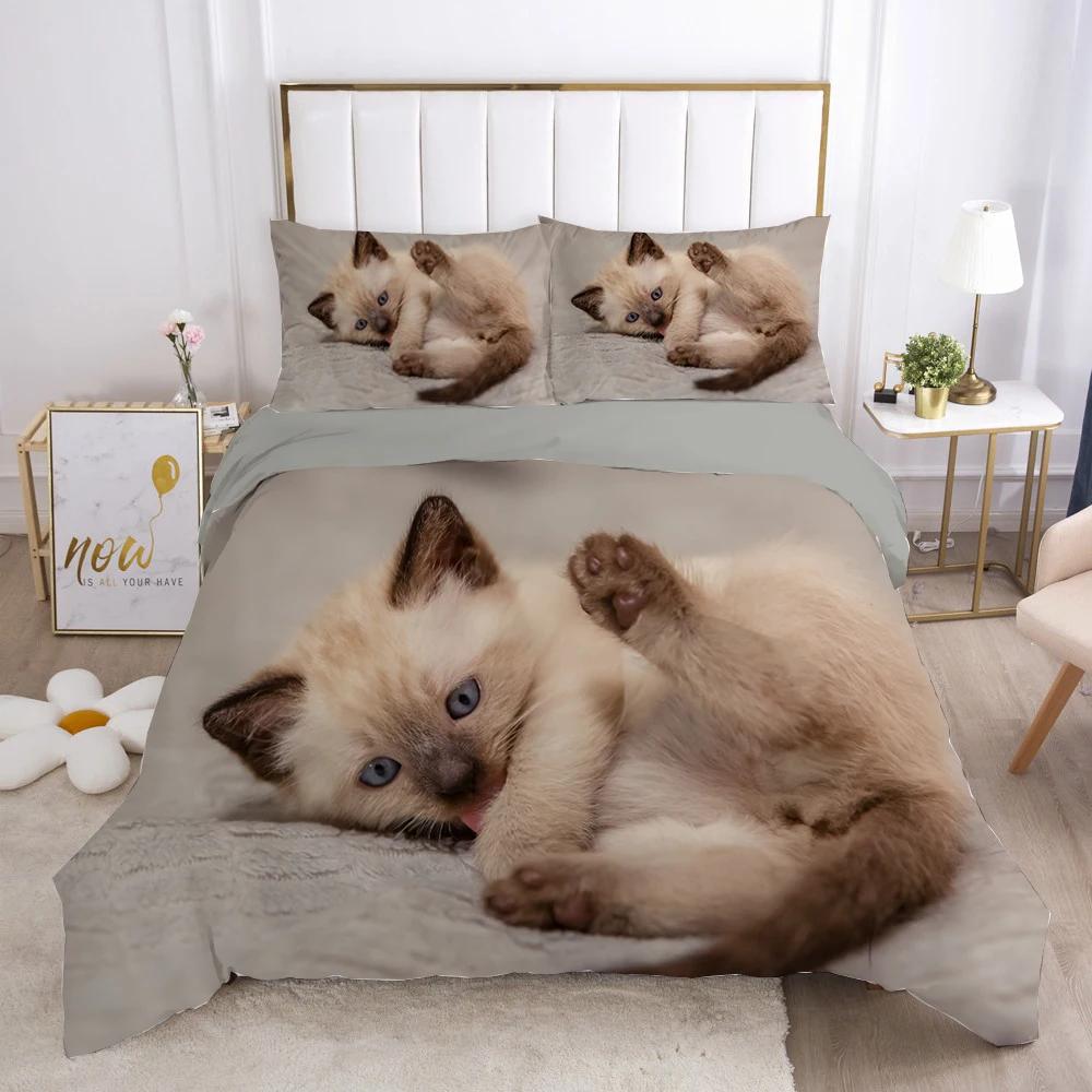 Cat Duvet Cover Set Lovely Animal Kitten Printed Quilt Cover Kids Teens Girl Animal Double Queen King Size Polyester Bedding Set
