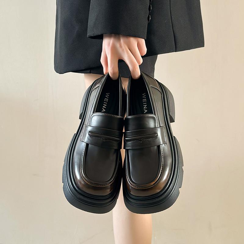 

2025 platform loafers women s heightened square heel one pedal versatile square head college British Mary Jane muffin shoes 40 коричневый