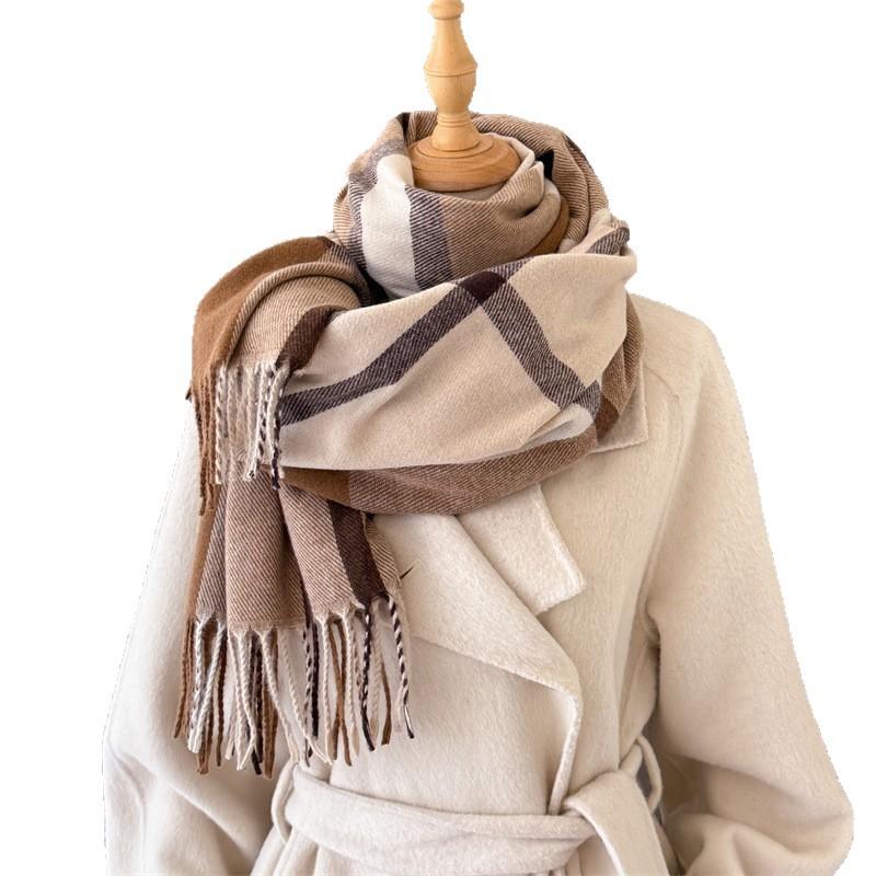 Korean Version of Aesthetic Plaid Autumn and Winter Warm and Cold Scarf Shawl Commuting Versatile Couple Tassel Imitation Cashmere Scarf