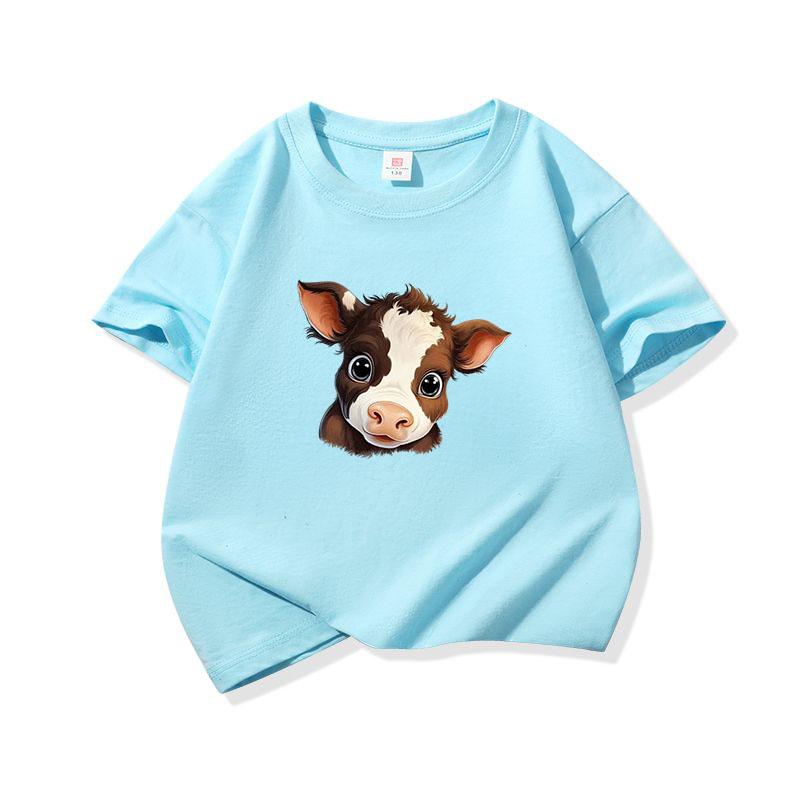 Kids Pure Cotton T Shirt Adorable Brown Baby Cow Print Crew Neck Short Sleeve Tee Casual Boys Girls Summer Tops