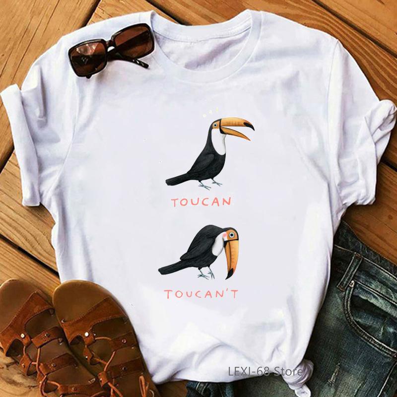

Funny Women Tshirt Watercolor Toucan Bird Cockatoo With Tropical Flowers Print Tshirt Femme Summer Tops For Girls Kawaii Clothes XXXL білий
