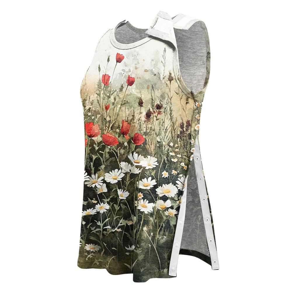 Women Shoulder Surgery Shirt Sleeveless Floral Print Top with Snap Buttons and Adjustable Cuff Design Postoperative Recovery Garment