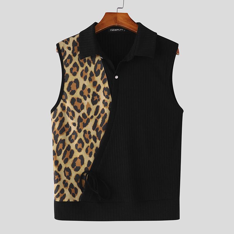 

INCERUN Summer Men Lapel Neck Sleeveless Leopard Patchwork Casual Rib Tank Tops