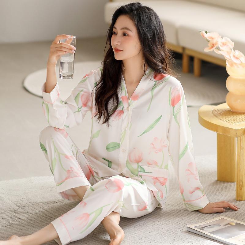 Pajamas Ladies Summer Silk Ice Silk Long Sleeve Homewear Simulation Silk Spring and Autumn Thin Skinny Suit