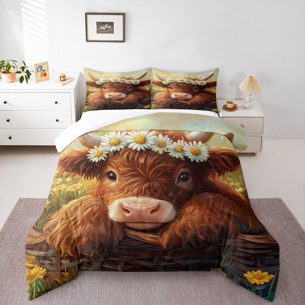 Cute Highland Cow with Daisy Flowers Bedding set (1 duvet cover, 2 pillowcases, duvet not included).