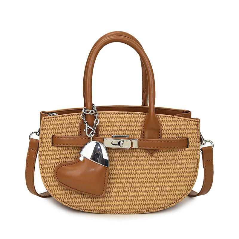 

Exquisite fashion handbag bag women s fashion straw woven bag versatile solid color seaside vacation wind beach bag one size fits all коричневий