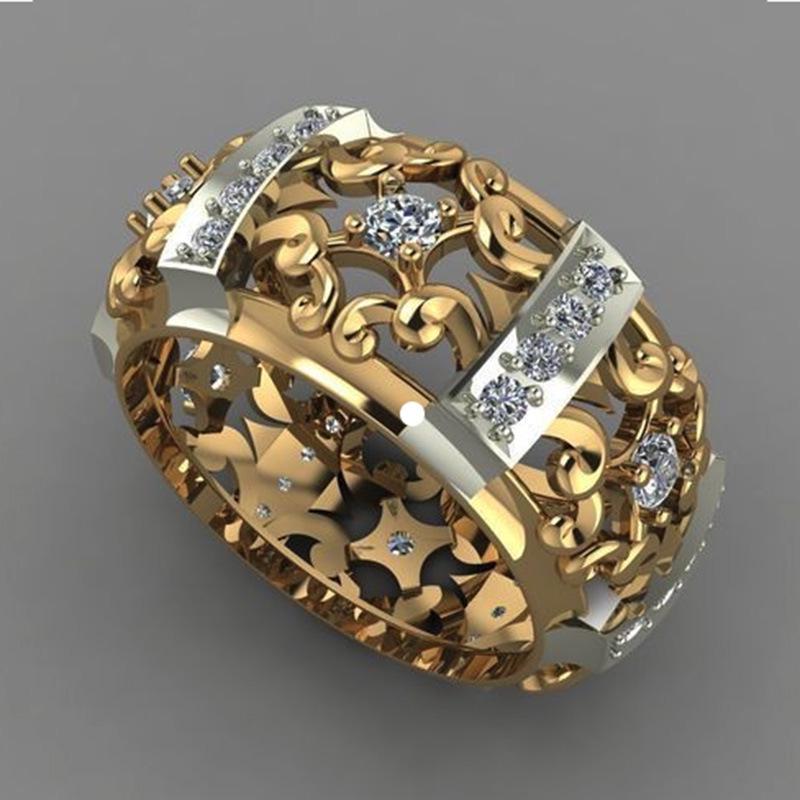New Two-Tone Electroplated Zircon Ring with Hollowed-Out Pattern - European and American Fashion Jewelry