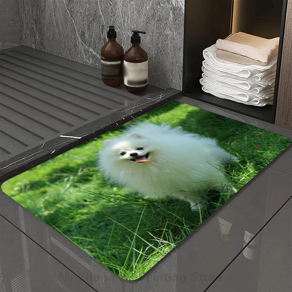 1pc Cute Pomeranian Dogs Bathroom Absorbent Mats Anti-Slip Mats Home Decor Supplies Carpets Home Kitchen Floor Mats