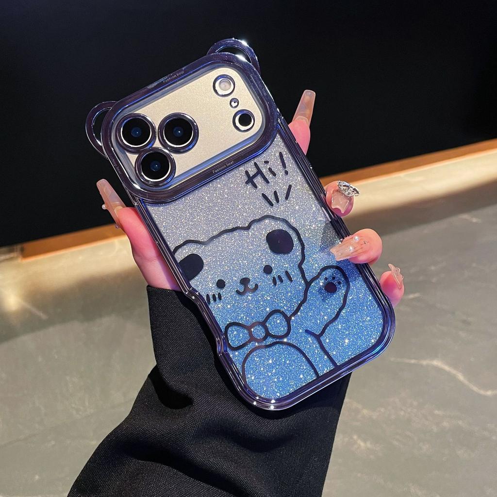 For IPhone17promax Phone Case Cartoon Teddy Bear for Apple 16 Electroplated Glitter 15 with Lanyard Protective Cover