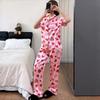 Collared Pajamas with All-Over Heart Print Fashionable Cardigan Short-Sleeve Top and Long Pants Loungewear Set