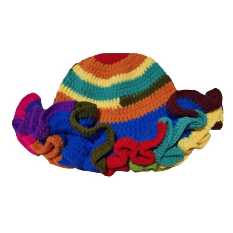 Hand Crochet Bucket Hat with Ruffled Edge Warm Fisherman Hat Ethnic Flower Hat Headwear for Women Winter Elegances