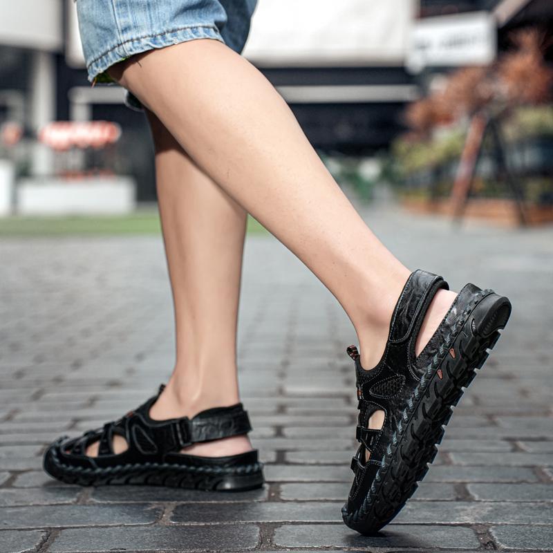 Herren Sandalen Schwarz Leder Gladiatorensandalen Outdoor Sommer Römische Sandalen Grün Strandschuhe Übergröße
