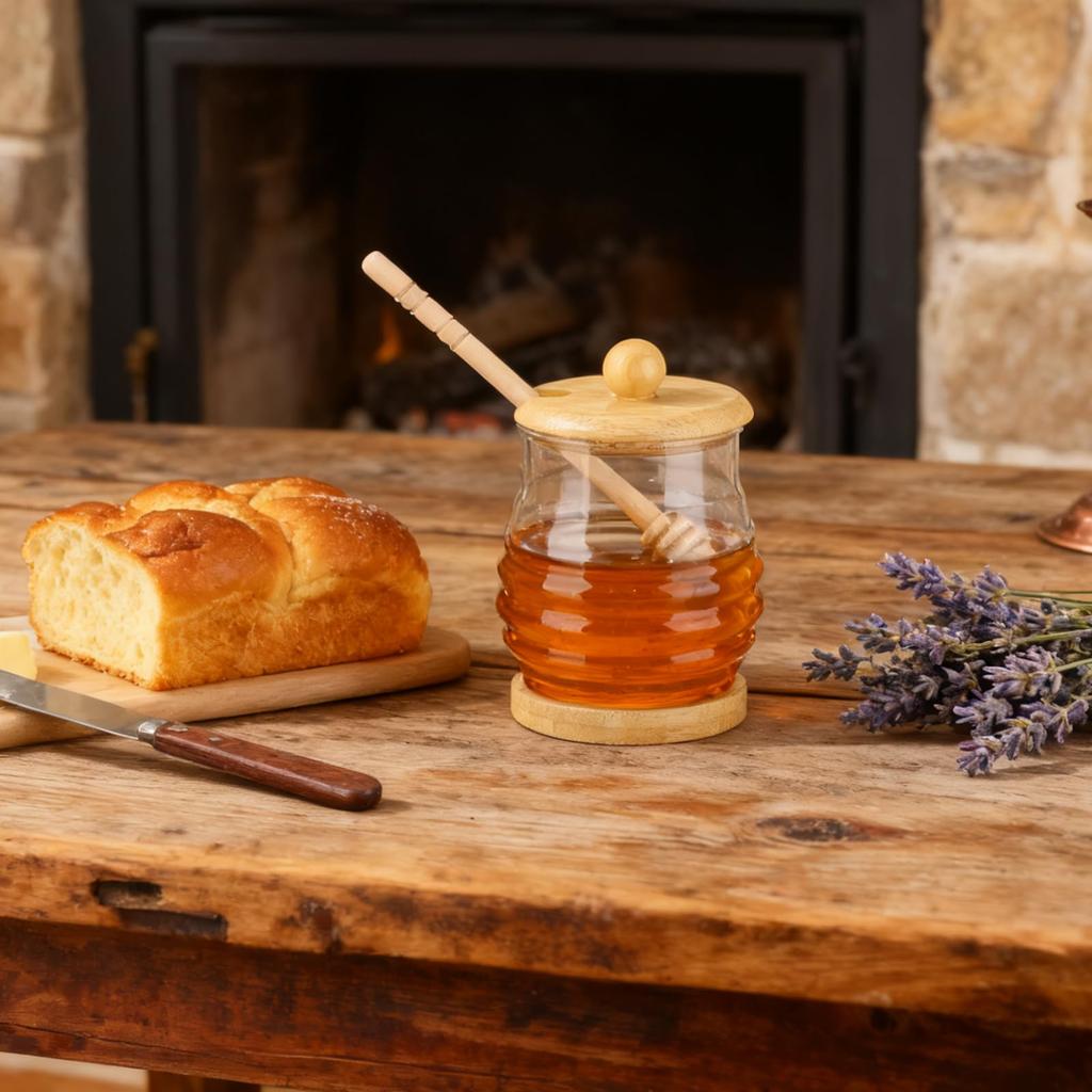 Cute Glass Honey Pot Honey Jar 280ml Honey Container with Dipper, Wooden Lid, and Wooden Stand, Includes Honey Sticks, Transparent, Perfect for Breakf